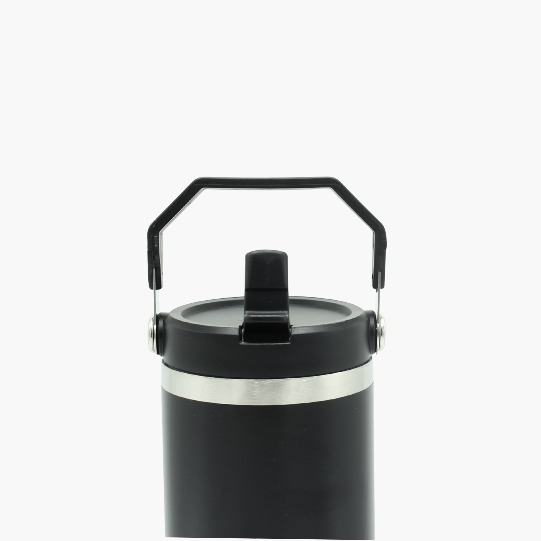 Black insulated bottle with a handle on a white background