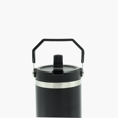 Black insulated bottle with a handle on a white background