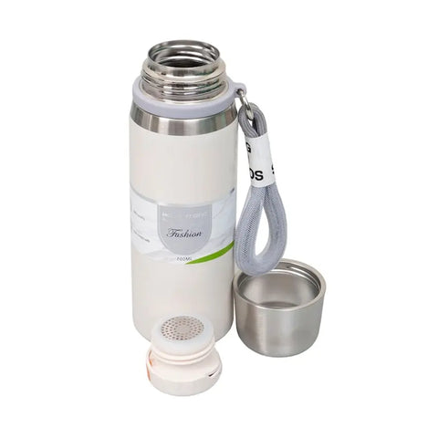 White insulated bottle with detachable cup and lid on a white background