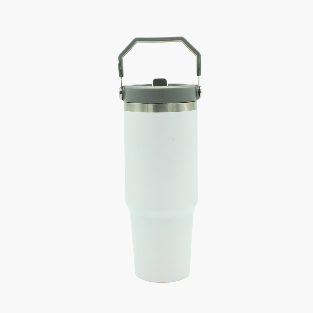 White insulated tumbler with a black lid and handle on a white background