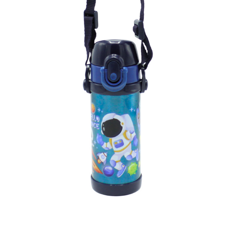Children's water bottle with astronaut design on a white background